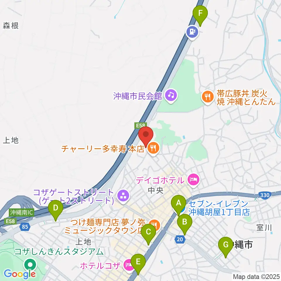 沖縄市民小劇場あしびなー周辺のコンビニエンスストア一覧地図