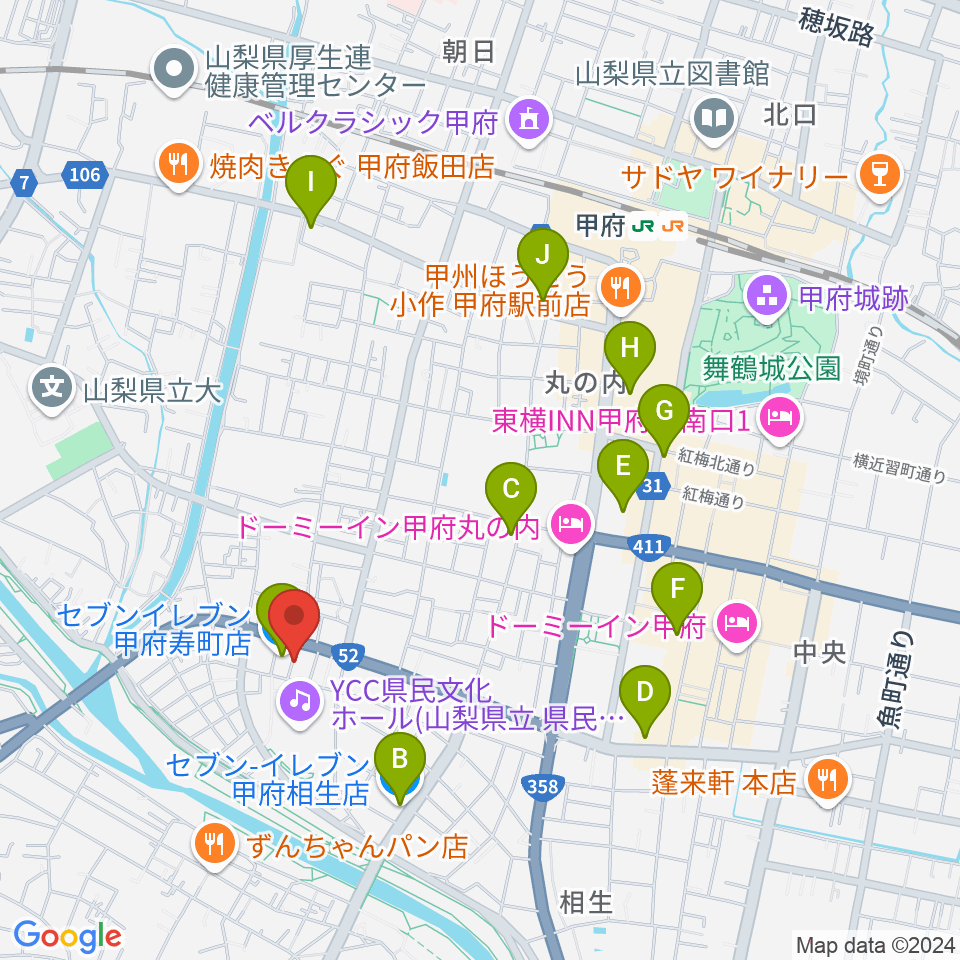 楽器工房コンチェルト周辺のコンビニエンスストア一覧地図