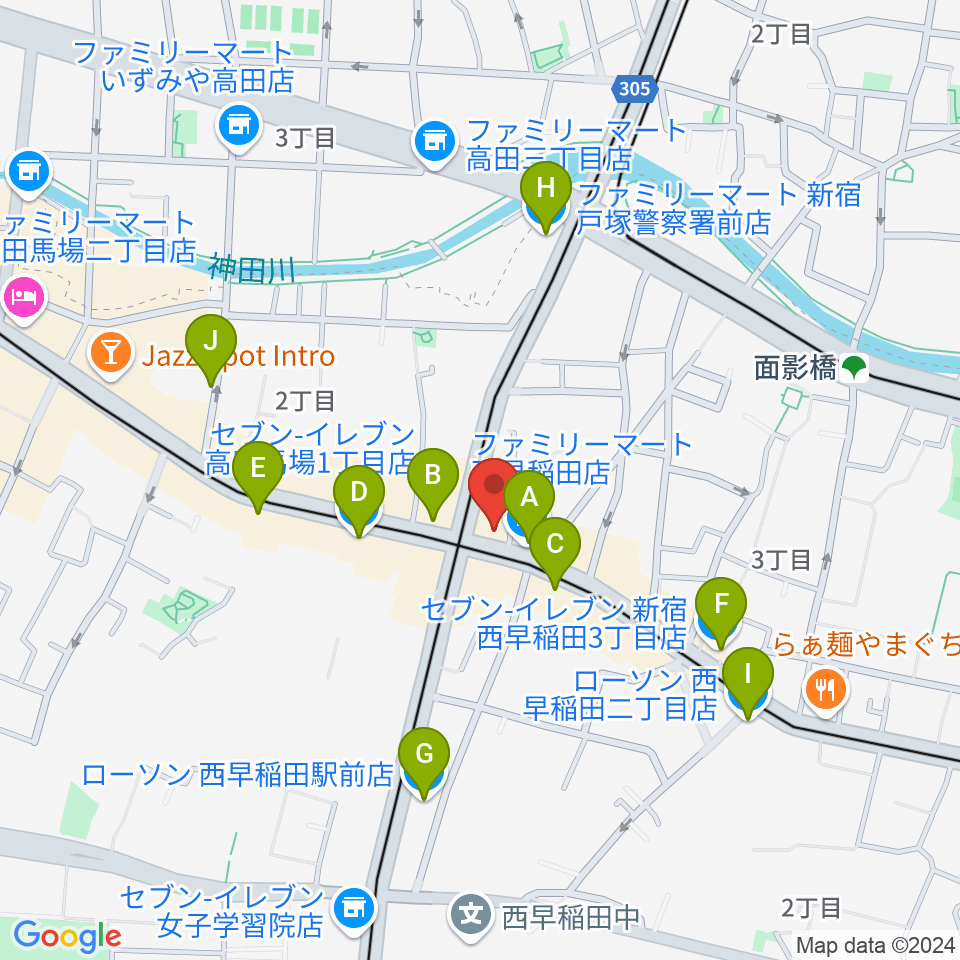 高田馬場新堀ギター音楽院周辺のコンビニエンスストア一覧地図