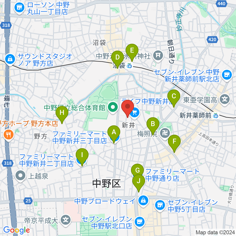 ヒロミュージックスクール沼袋校周辺のコンビニエンスストア一覧地図