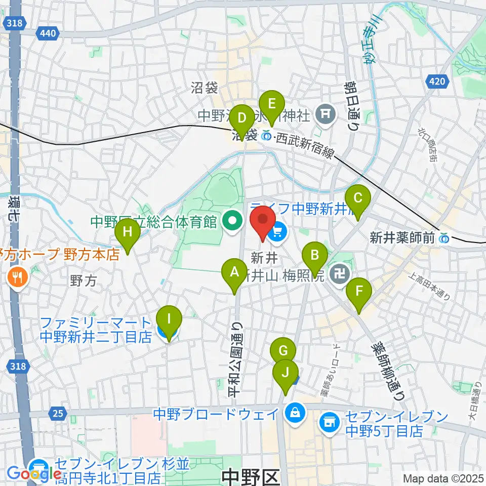 ヒロミュージックスクール沼袋校周辺のコンビニエンスストア一覧地図