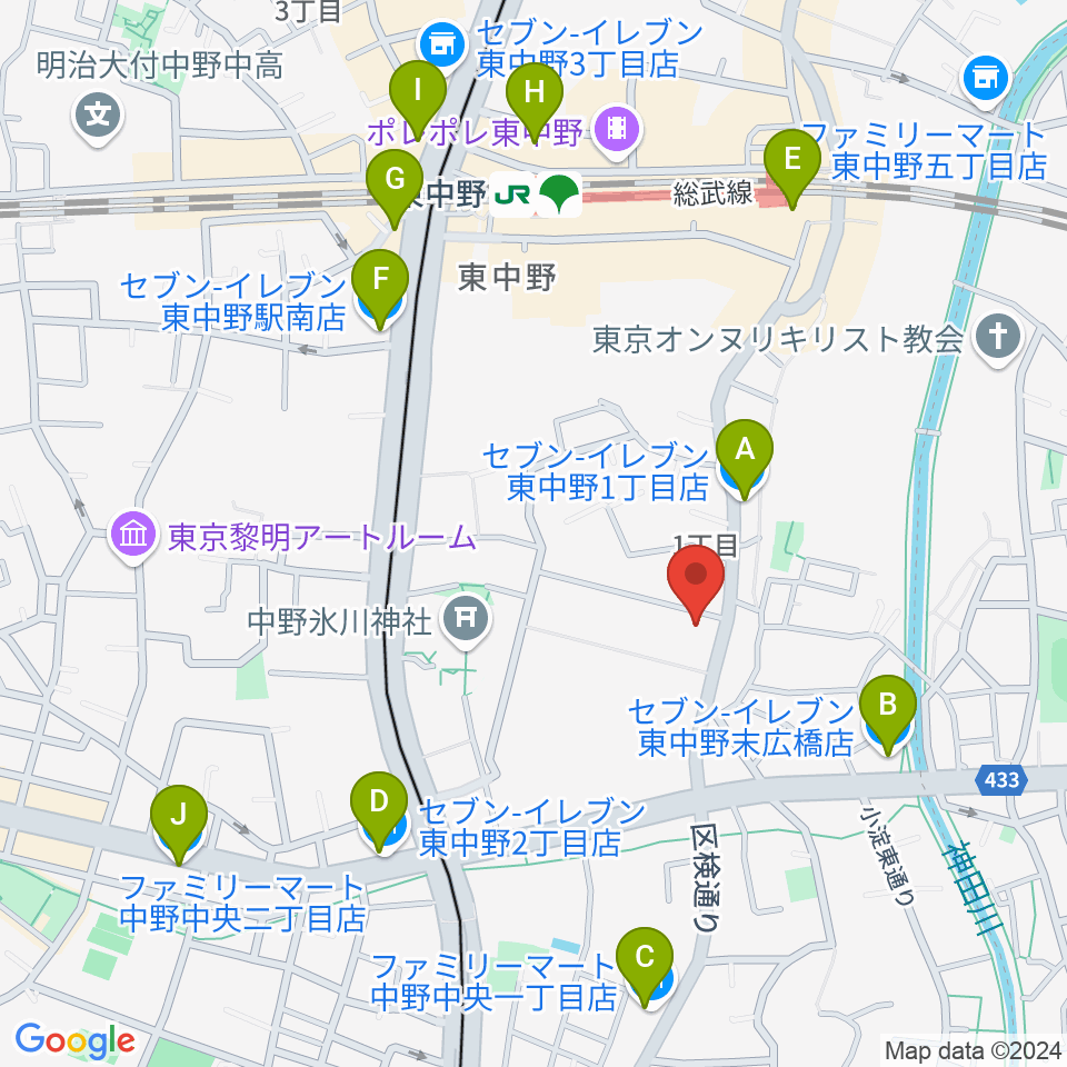 ミオンミュージックスクール東中野教室周辺のコンビニエンスストア一覧地図