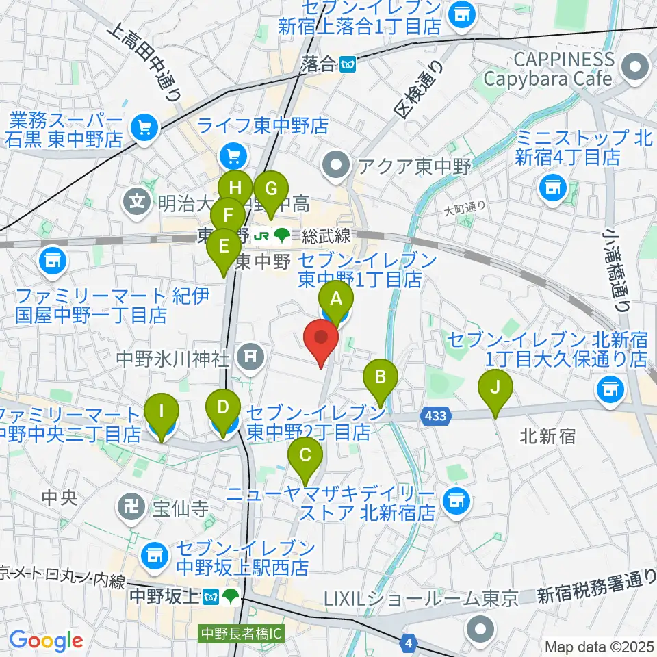 ミオンミュージックスクール東中野教室周辺のコンビニエンスストア一覧地図