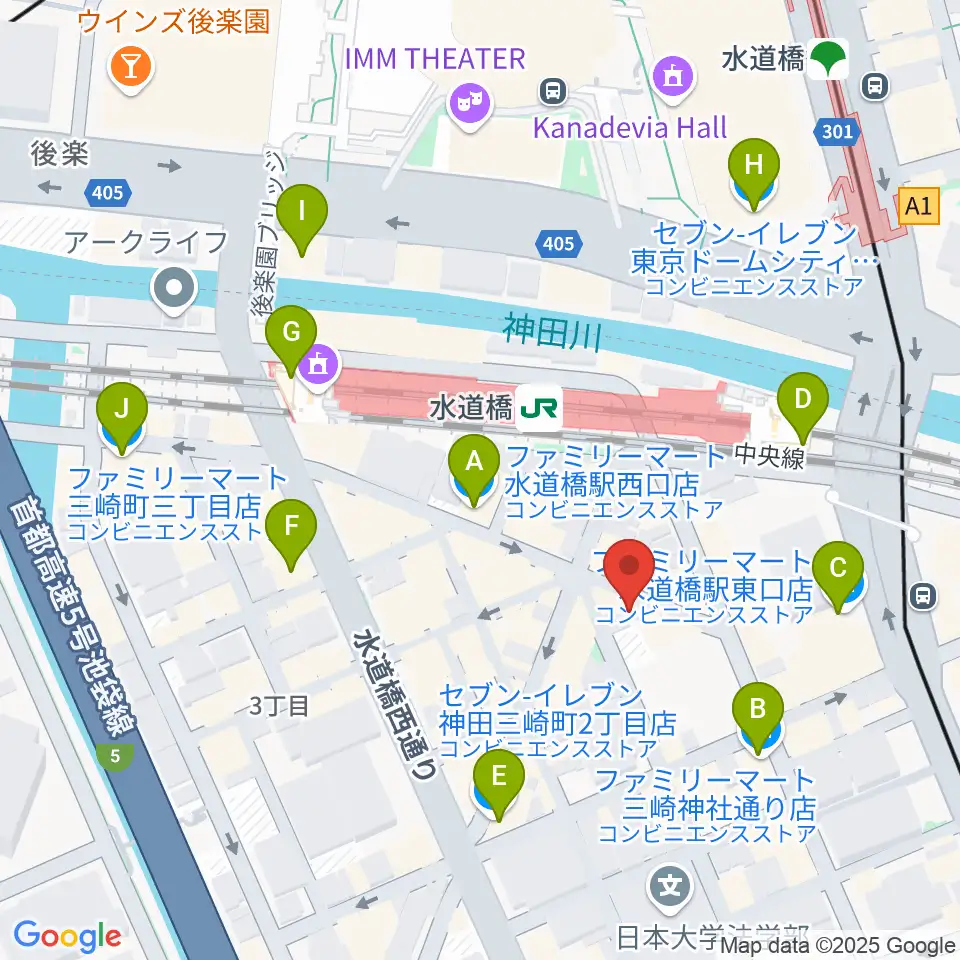 シブイオンガクスタヂオ飯田橋教室周辺のコンビニエンスストア一覧地図