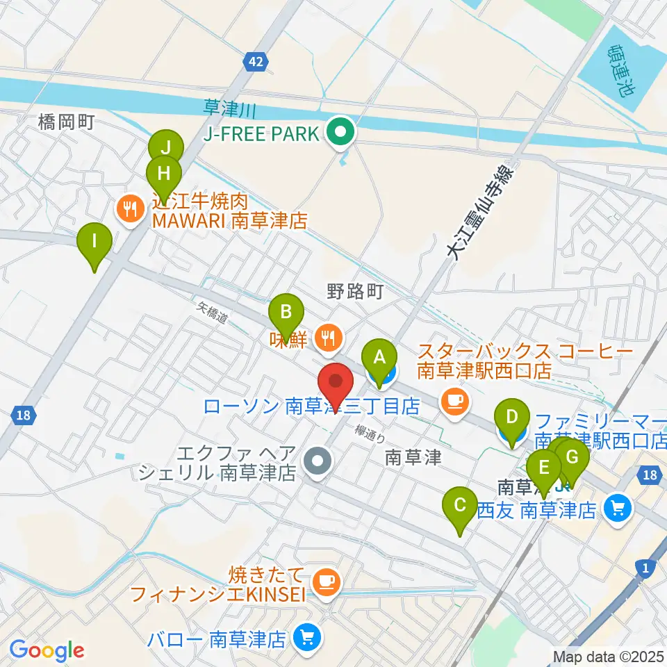 ロマン楽器 草津本店・ロマンホール周辺のコンビニエンスストア一覧地図