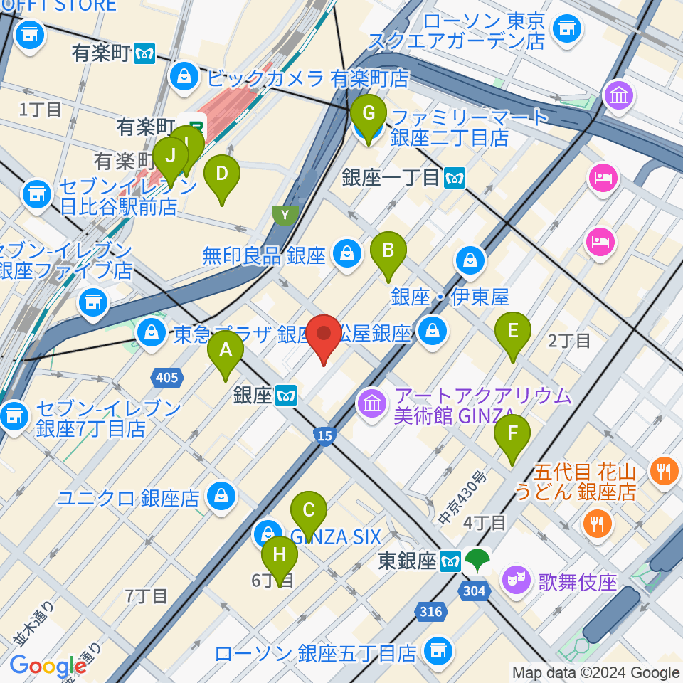 銀座十字屋ハープ＆フルートサロン周辺のコンビニエンスストア一覧地図