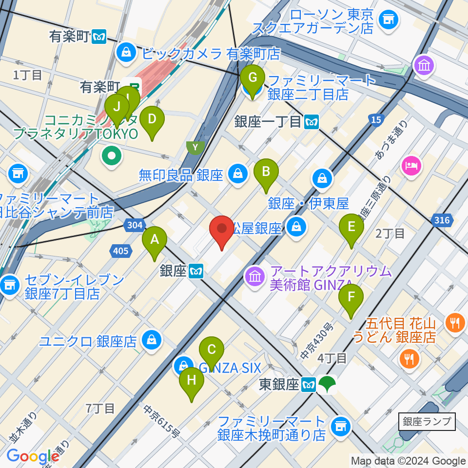 銀座十字屋ハープ＆フルートサロン周辺のコンビニエンスストア一覧地図