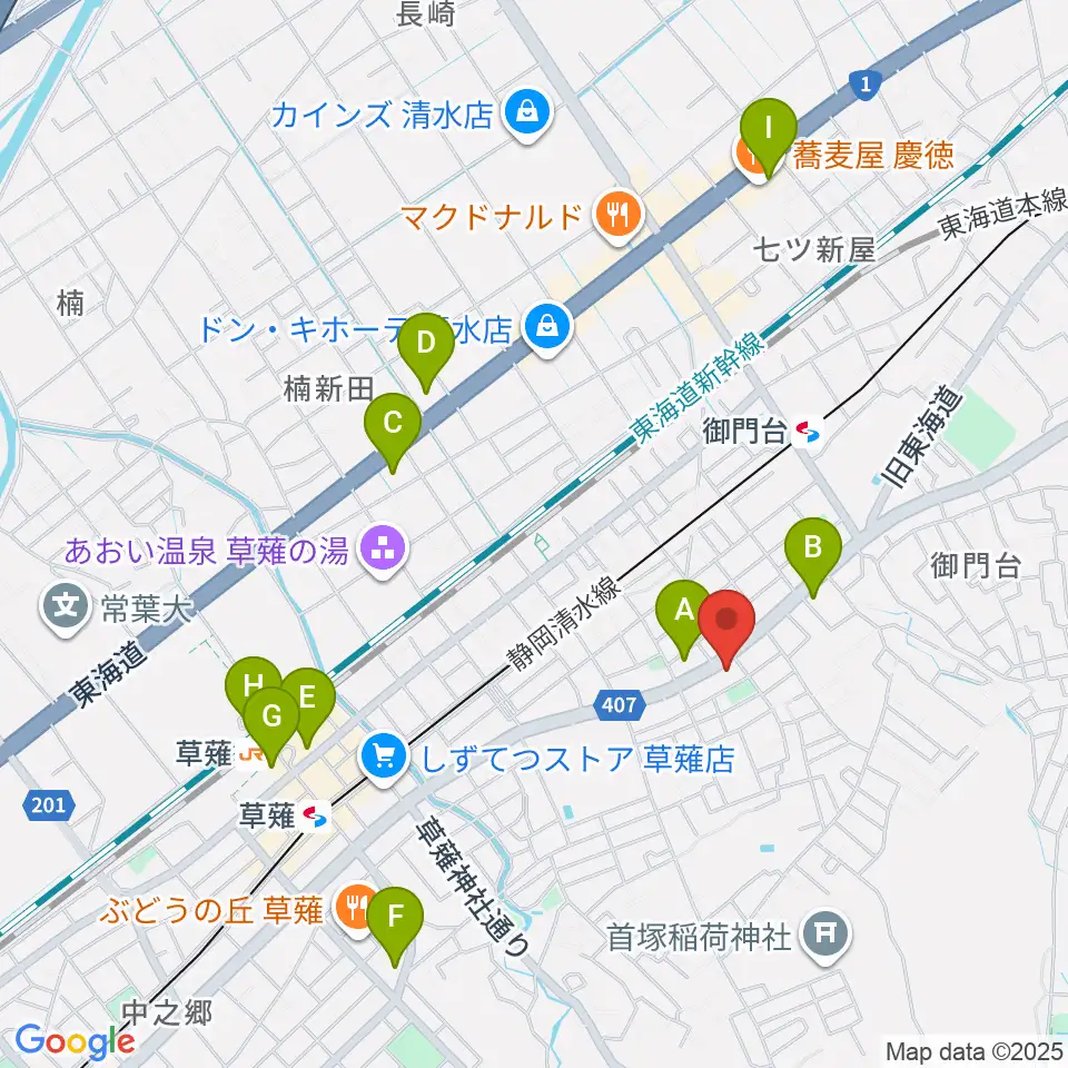 もちづき楽器 静岡草薙店周辺のコンビニエンスストア一覧地図