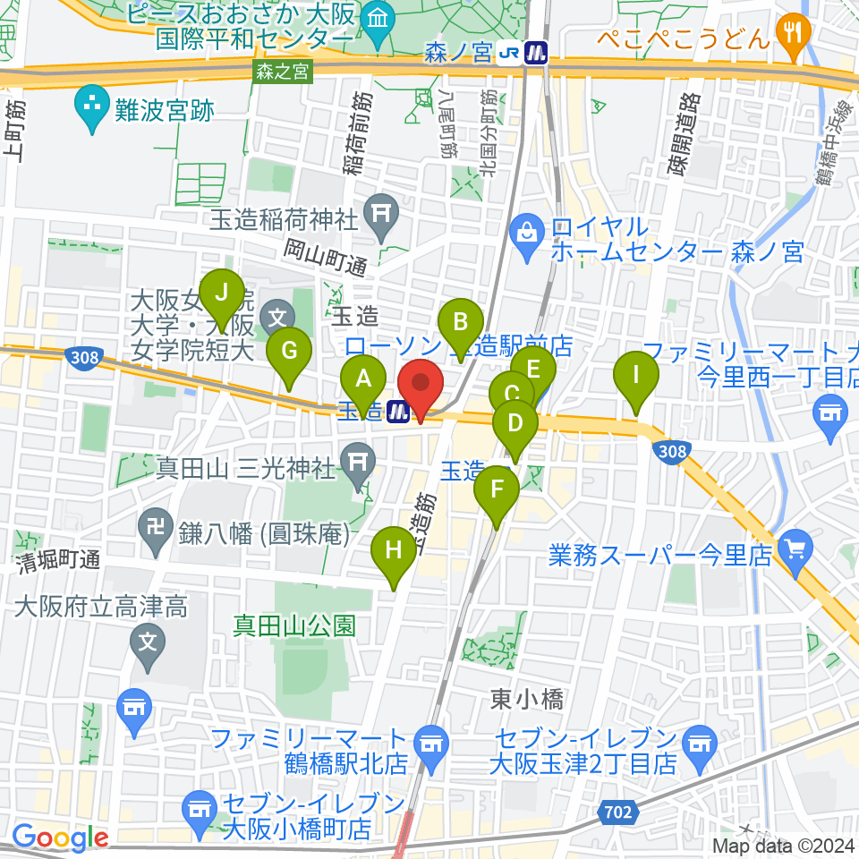 玉造音楽教室周辺のコンビニエンスストア一覧地図