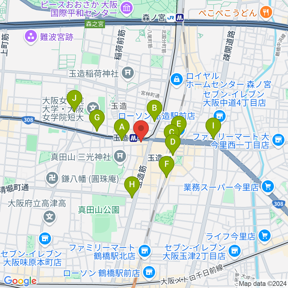 玉造音楽教室周辺のコンビニエンスストア一覧地図