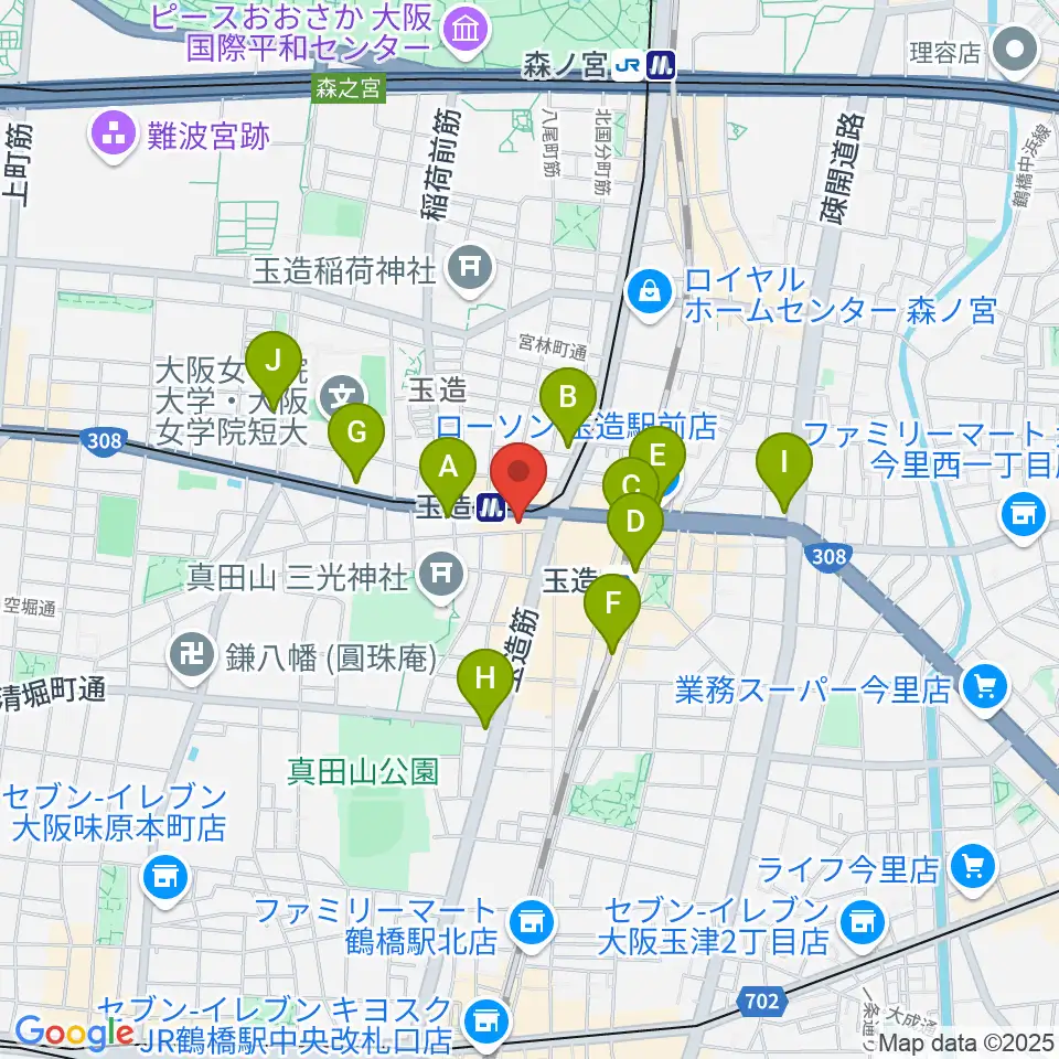 玉造音楽教室周辺のコンビニエンスストア一覧地図
