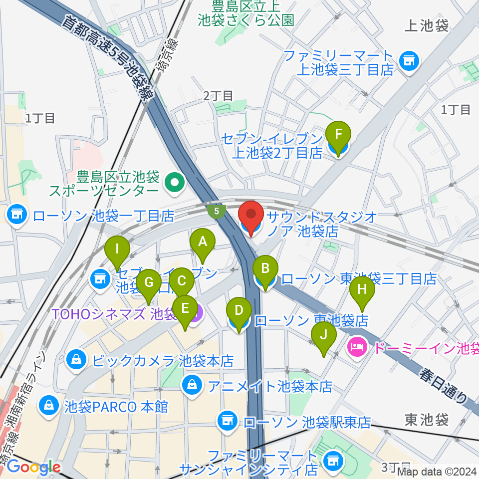 サウンドスタジオノア 池袋店周辺のコンビニエンスストア一覧地図