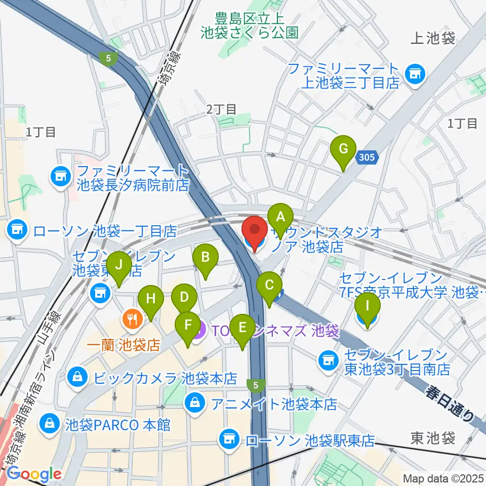 サウンドスタジオノア 池袋店周辺のコンビニエンスストア一覧地図