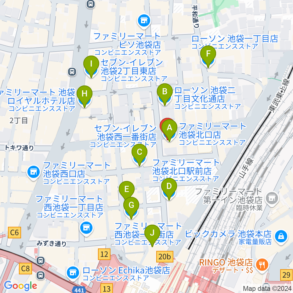 ゲートウェイスタジオ池袋北口店周辺のコンビニエンスストア一覧地図