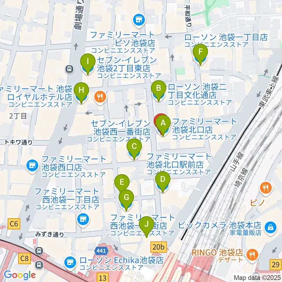 ゲートウェイスタジオ池袋北口店周辺のコンビニエンスストア一覧地図