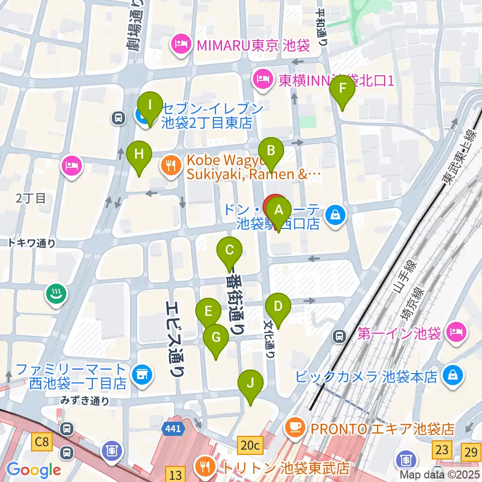 ゲートウェイスタジオ池袋北口店周辺のコンビニエンスストア一覧地図