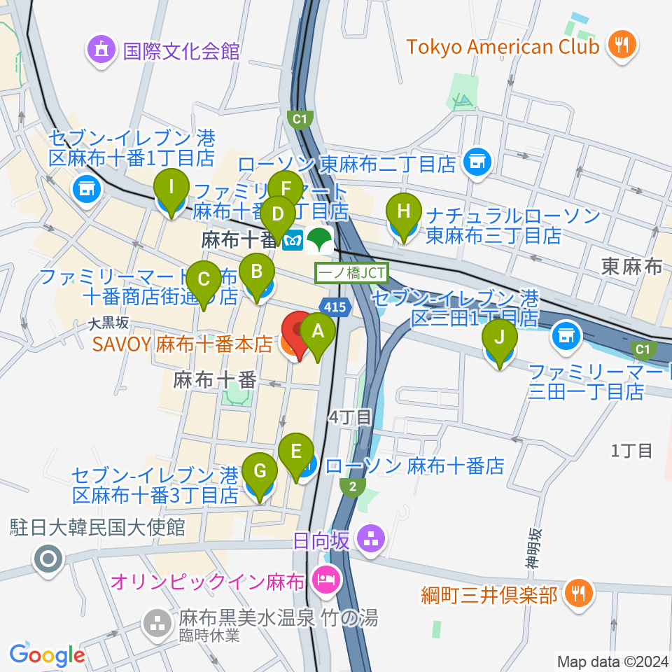 ローズマリーミュージックスクール麻布教室周辺のコンビニエンスストア一覧地図