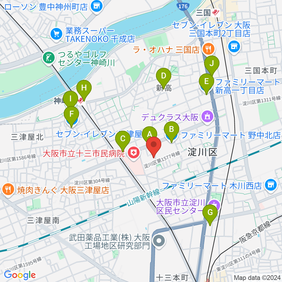 玉田ピアノ本店ショールーム周辺のコンビニエンスストア一覧地図