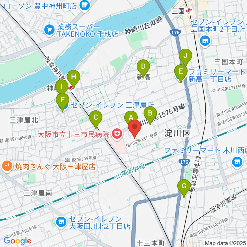 玉田ピアノ本店ショールーム周辺のコンビニエンスストア一覧地図