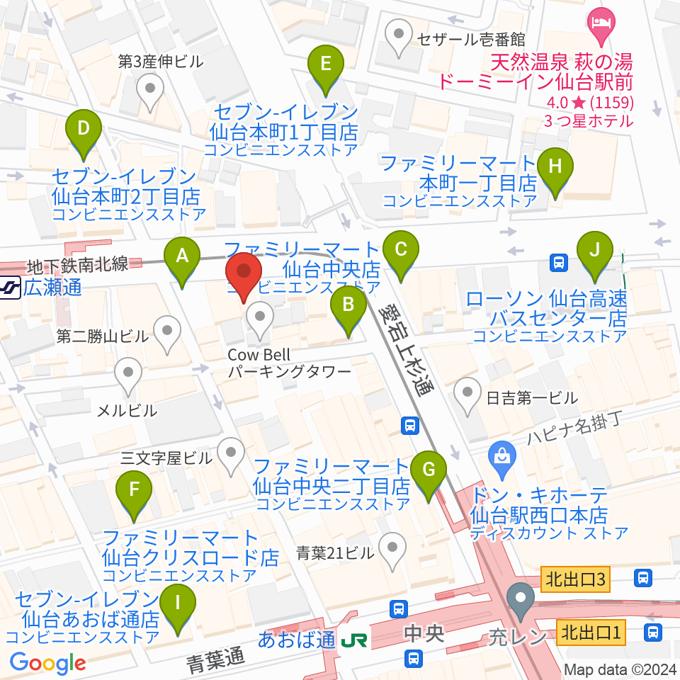 グレースハープ仙台店周辺のコンビニエンスストア一覧地図