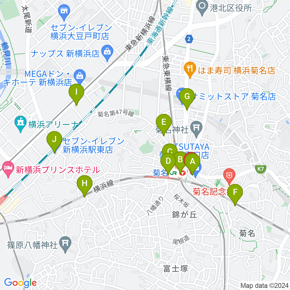 ハタ楽器 菊名駅前店周辺のコンビニエンスストア一覧地図