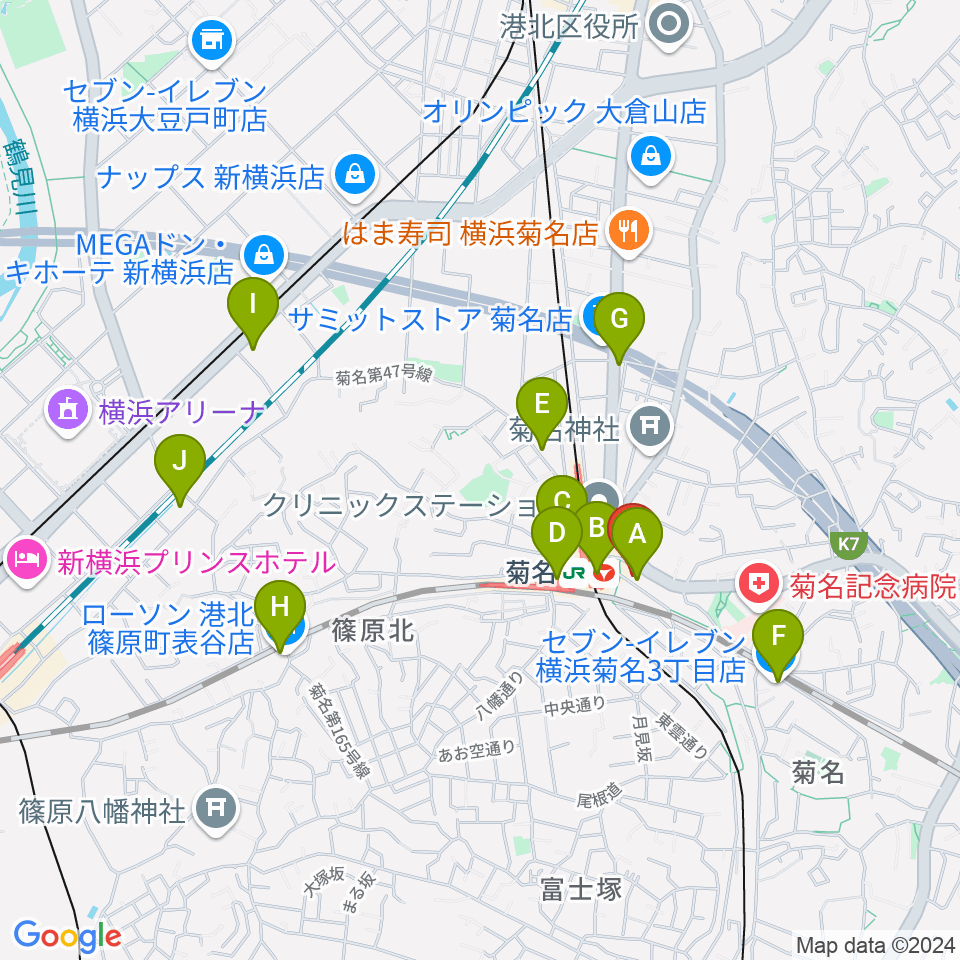 ハタ楽器 菊名駅前店周辺のコンビニエンスストア一覧地図