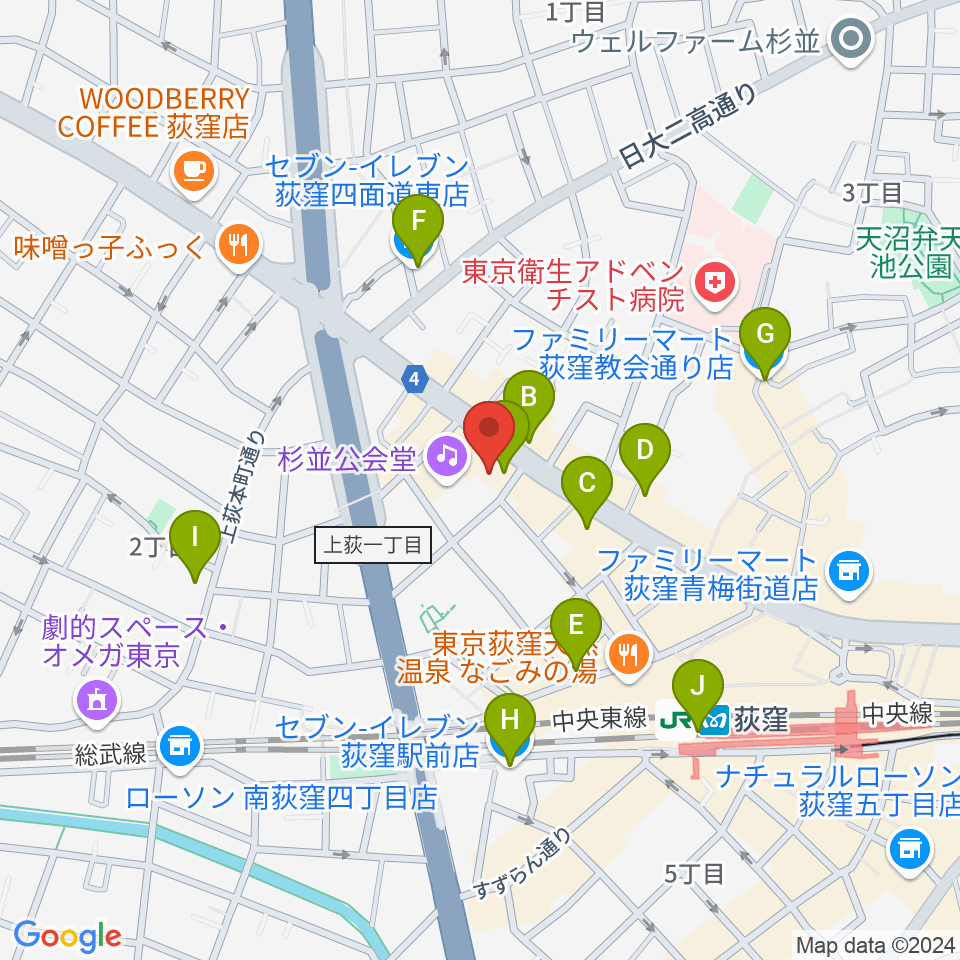 八重洲ピアノ社 荻窪本店第二センター周辺のコンビニエンスストア一覧地図