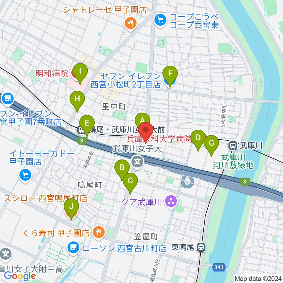 森岡楽器 西宮本店周辺のコンビニエンスストア一覧地図