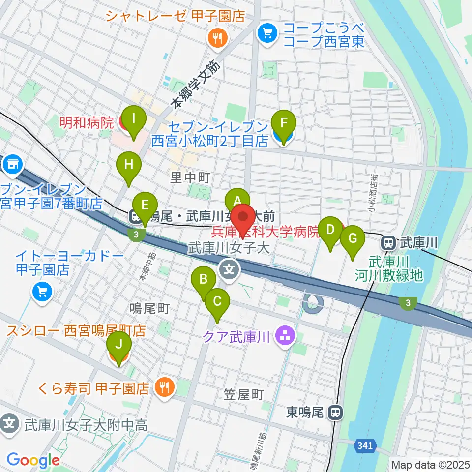 森岡楽器 西宮本店周辺のコンビニエンスストア一覧地図