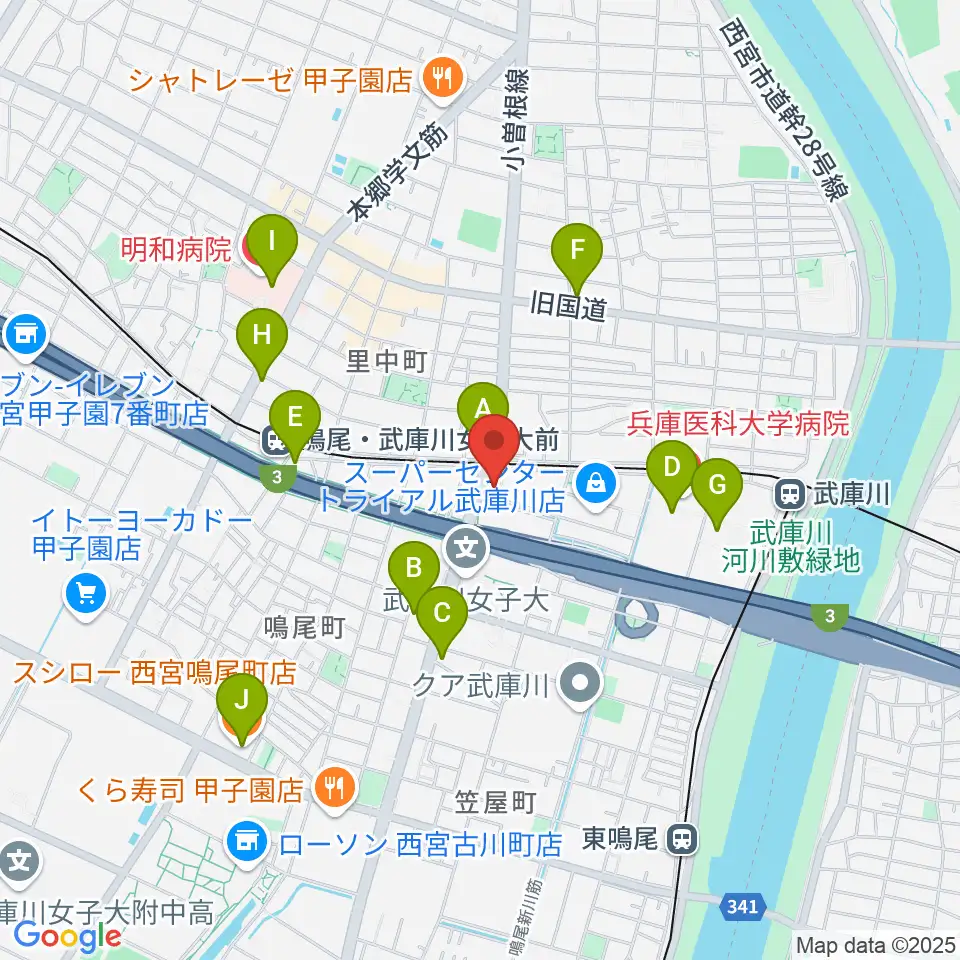 森岡楽器 西宮本店周辺のコンビニエンスストア一覧地図