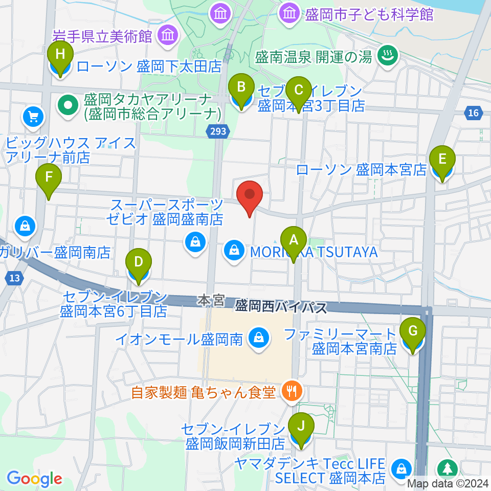 REDHOT盛岡周辺のコンビニエンスストア一覧地図