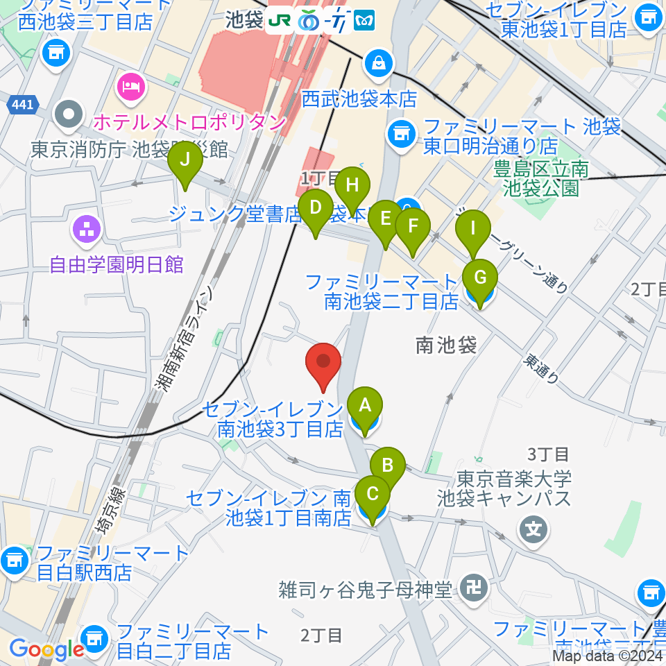 富士楽器 池袋ショールーム周辺のコンビニエンスストア一覧地図