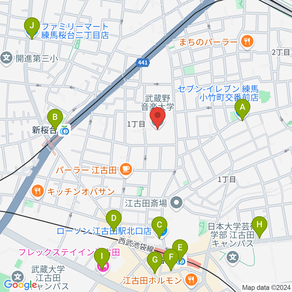 武蔵野音楽大学周辺のコンビニエンスストア一覧地図