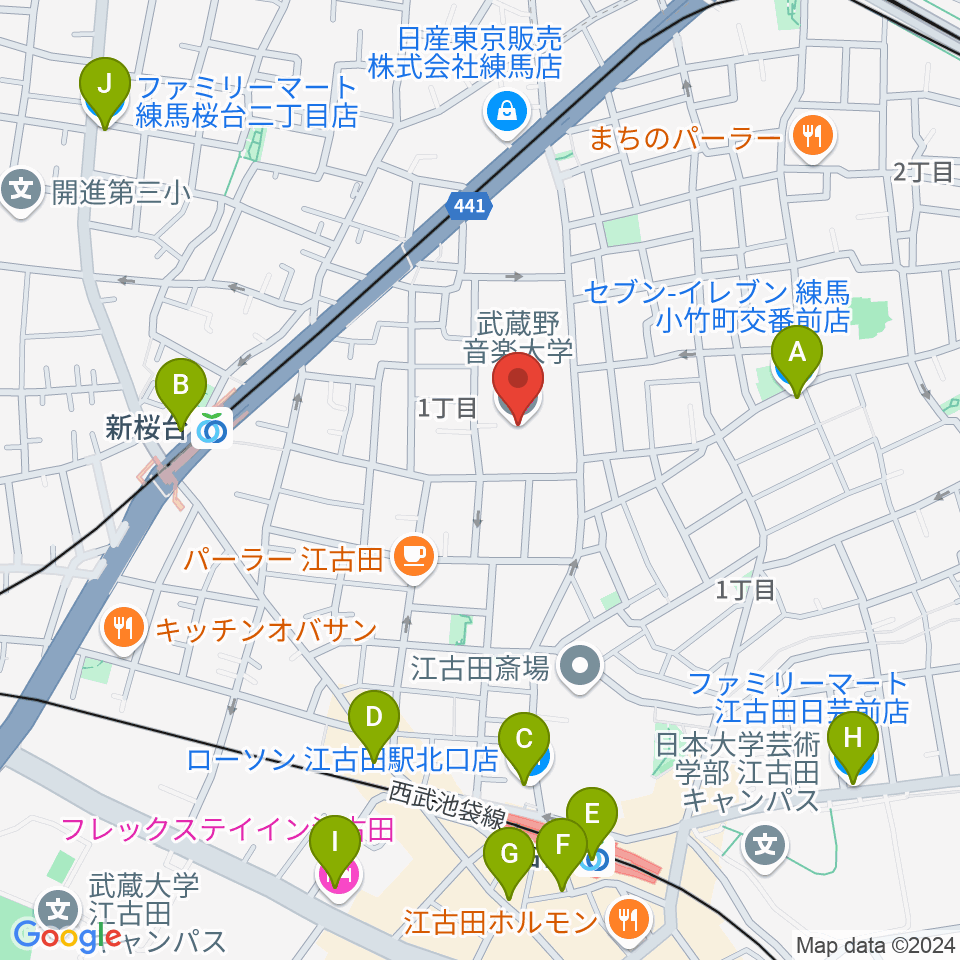 武蔵野音楽大学周辺のコンビニエンスストア一覧地図