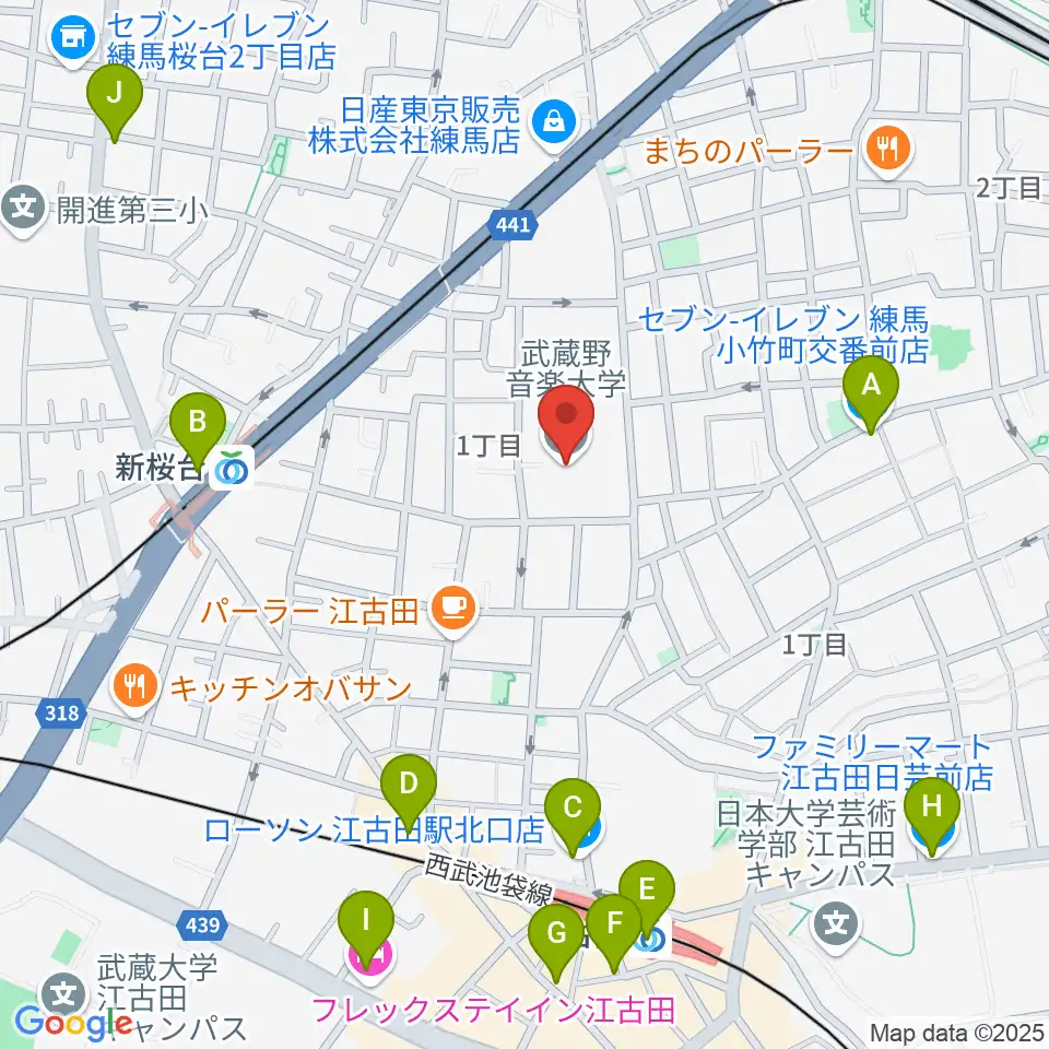武蔵野音楽大学周辺のコンビニエンスストア一覧地図