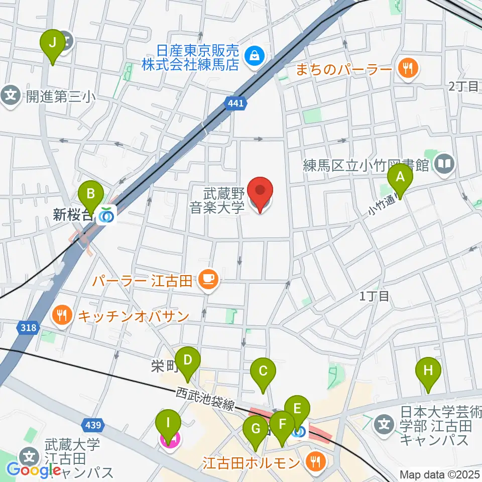 武蔵野音楽大学周辺のコンビニエンスストア一覧地図