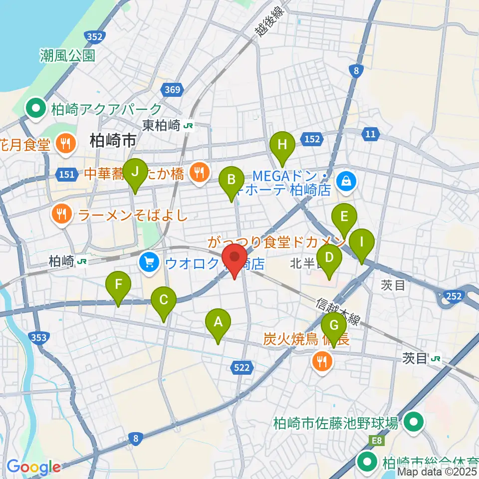 わたじん楽器 柏崎本店ララフィ周辺のコンビニエンスストア一覧地図