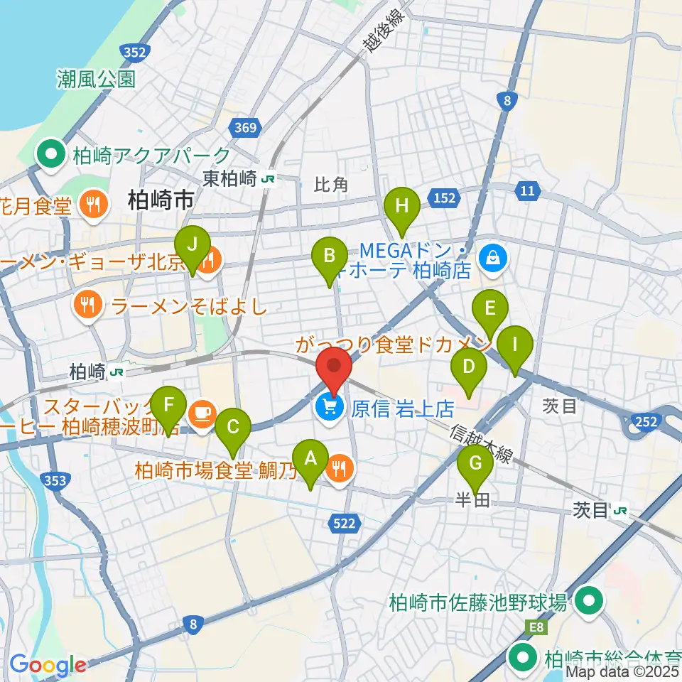 わたじん楽器 柏崎本店ララフィ周辺のコンビニエンスストア一覧地図