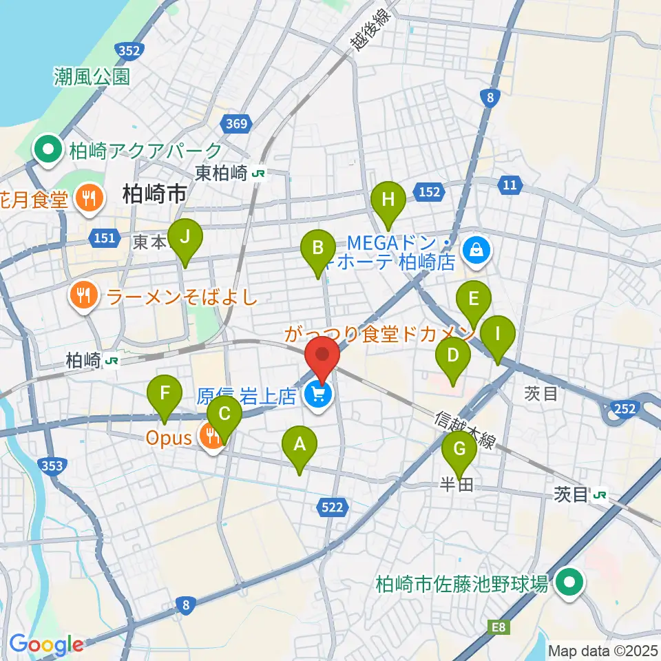 わたじん楽器 柏崎本店ララフィ周辺のコンビニエンスストア一覧地図