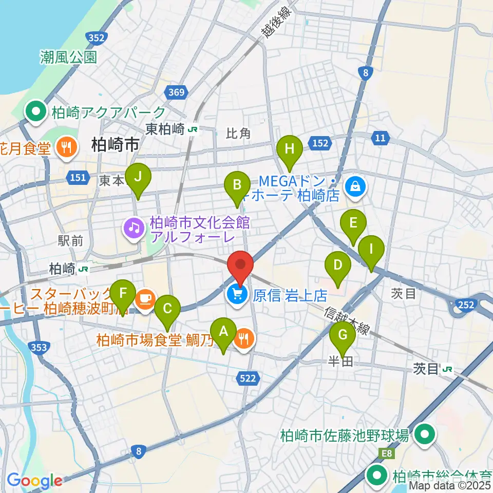 わたじん楽器 柏崎本店ララフィ周辺のコンビニエンスストア一覧地図