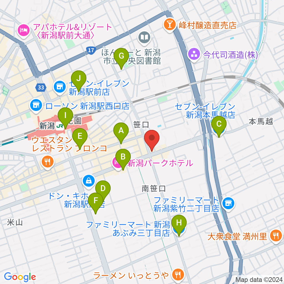 新潟中古楽器センター 新潟ショールーム周辺のコンビニエンスストア一覧地図