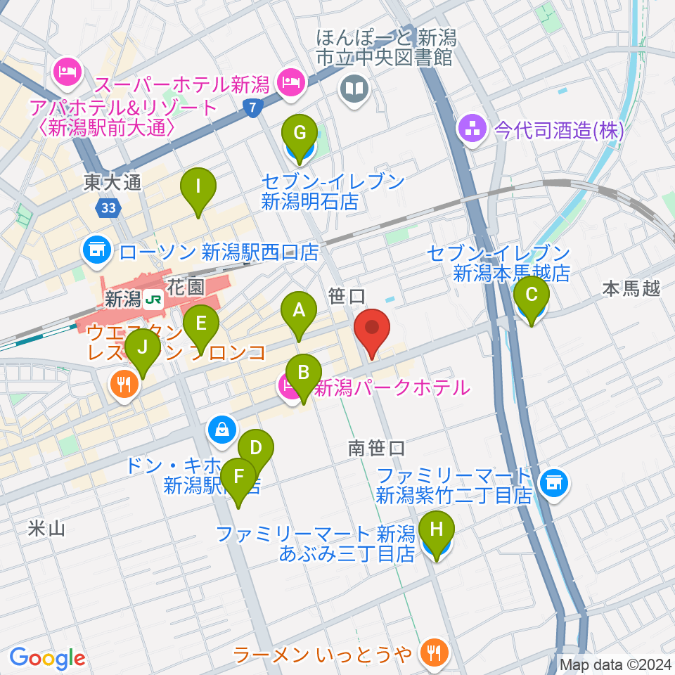 新潟中古楽器センター 新潟ショールーム周辺のコンビニエンスストア一覧地図