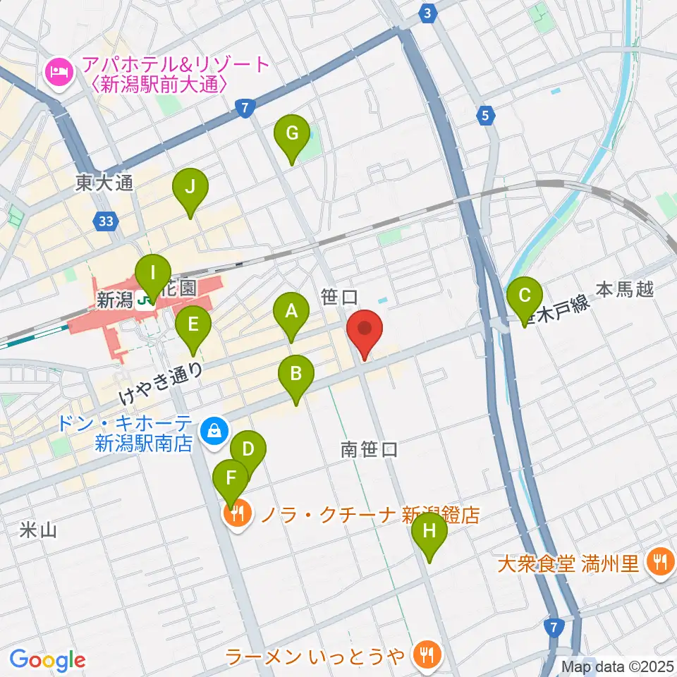 新潟中古楽器センター 新潟ショールーム周辺のコンビニエンスストア一覧地図