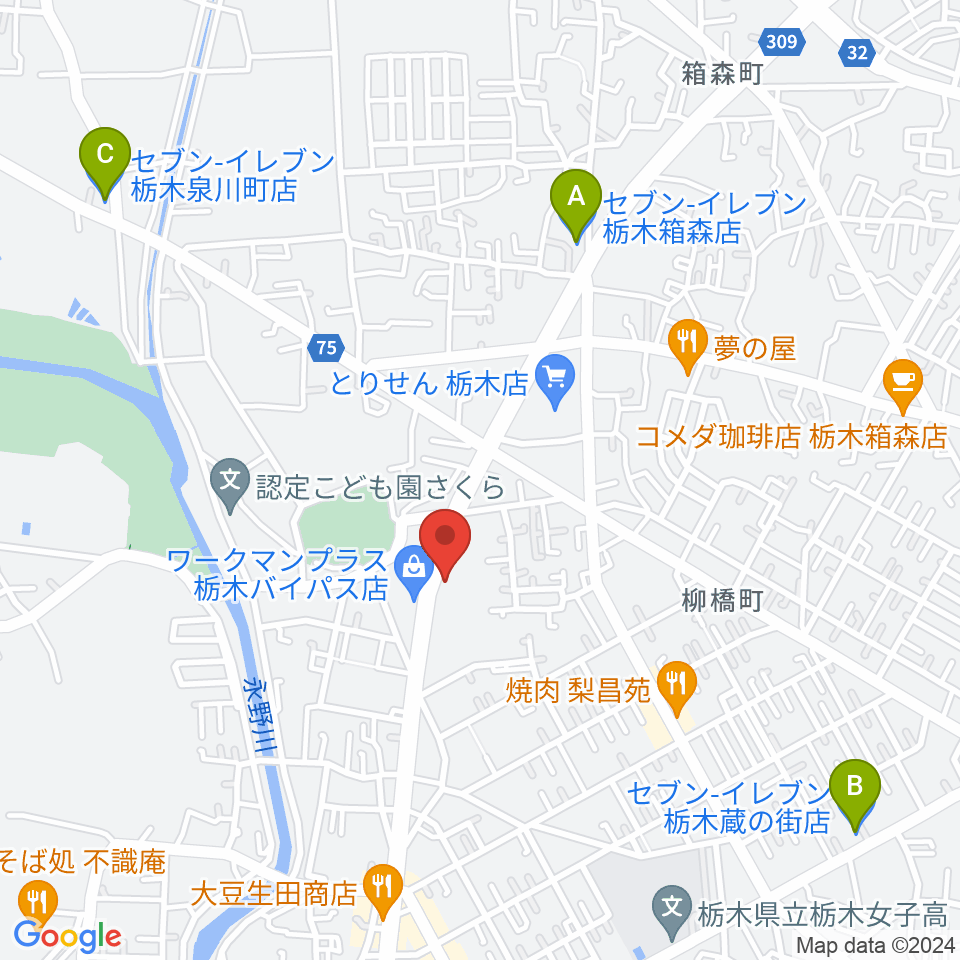 オオノ楽器 栃木店周辺のコンビニエンスストア一覧地図