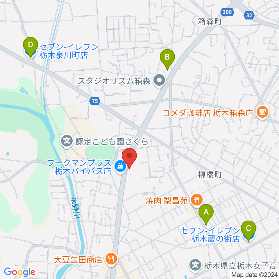 オオノ楽器 栃木店周辺のコンビニエンスストア一覧地図