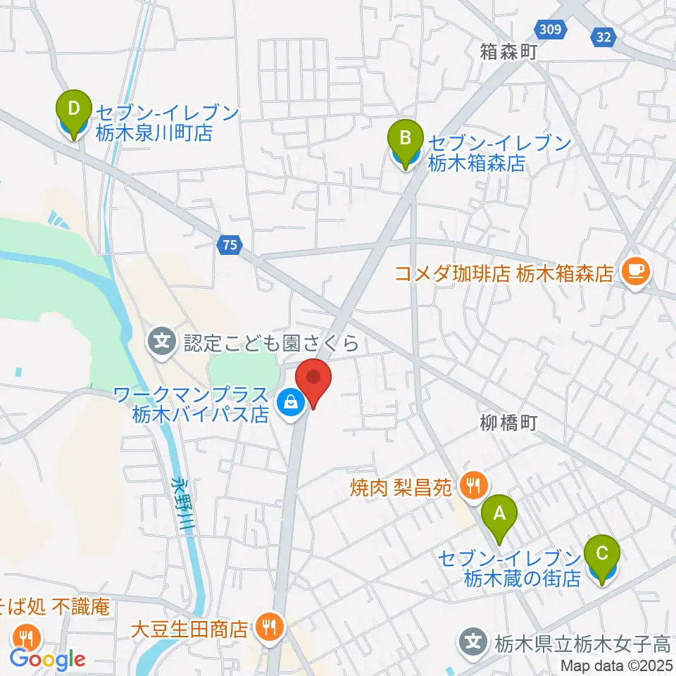 オオノ楽器 栃木店周辺のコンビニエンスストア一覧地図