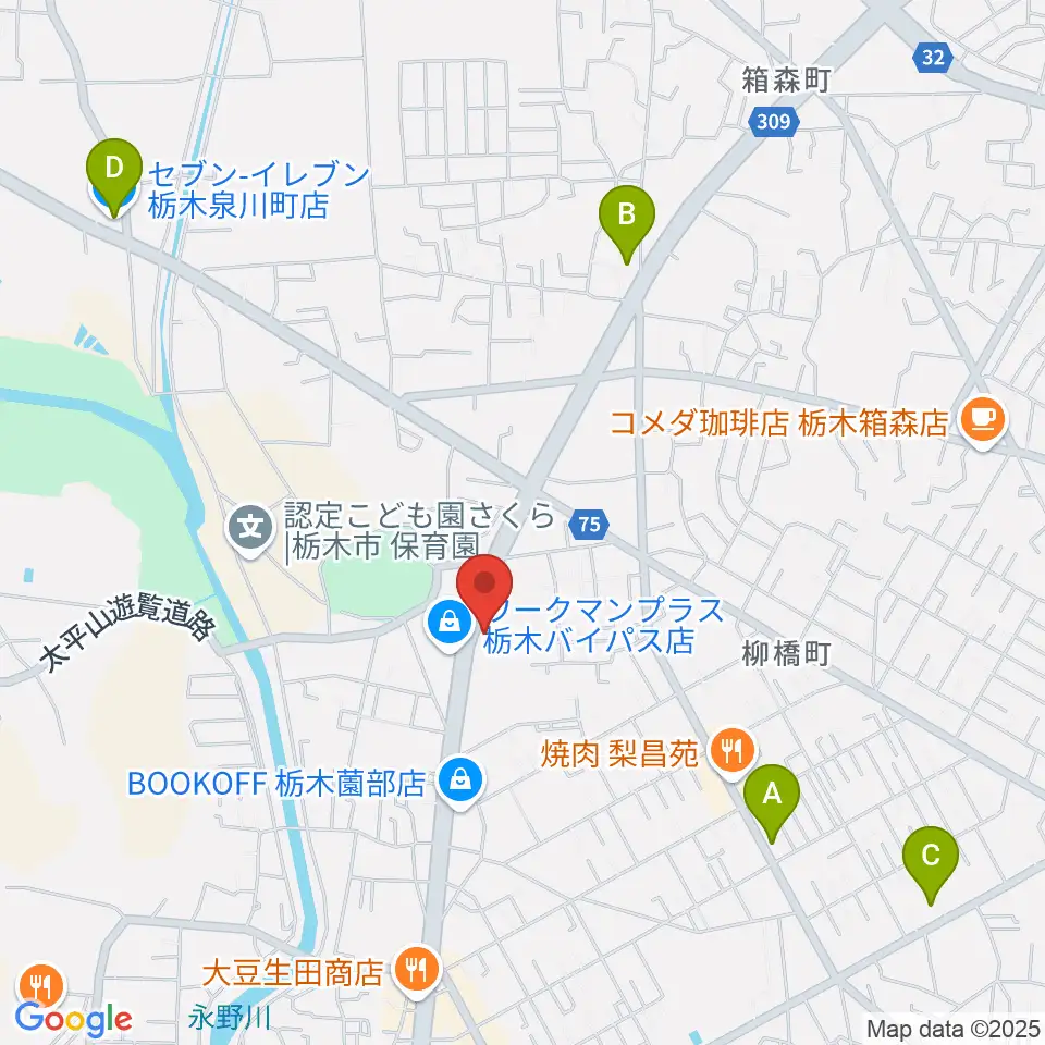 オオノ楽器 栃木店周辺のコンビニエンスストア一覧地図