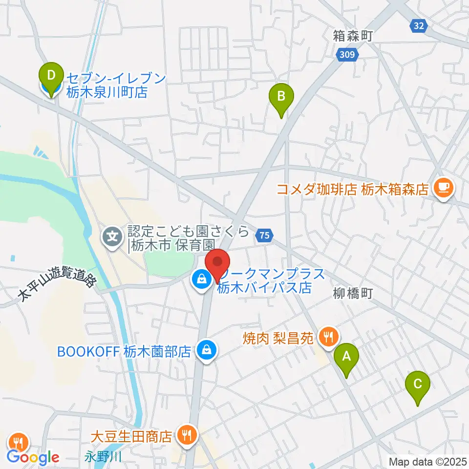 オオノ楽器 栃木店周辺のコンビニエンスストア一覧地図