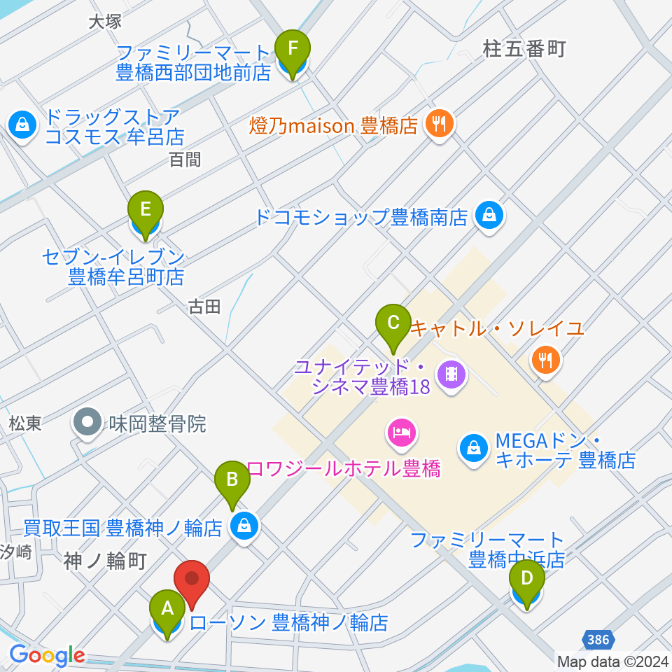 ピアノ百貨 豊橋店周辺のコンビニエンスストア一覧地図