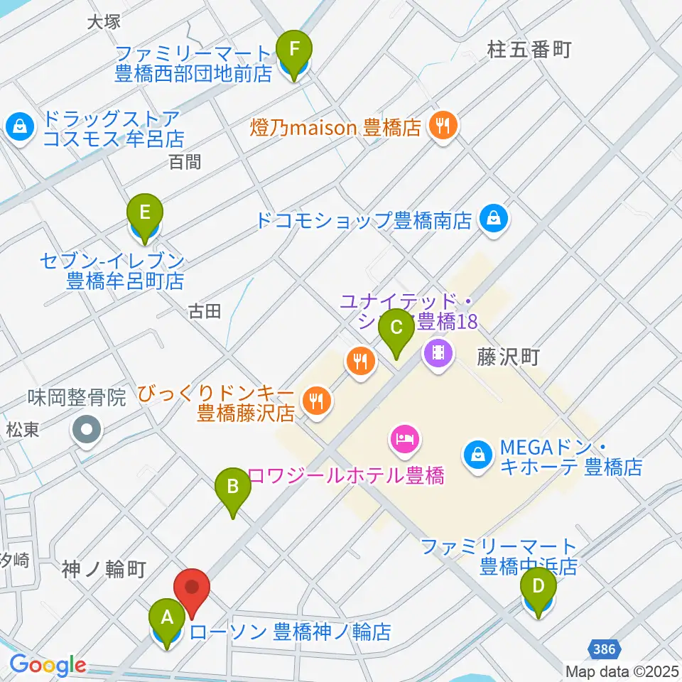 ピアノ百貨 豊橋店周辺のコンビニエンスストア一覧地図